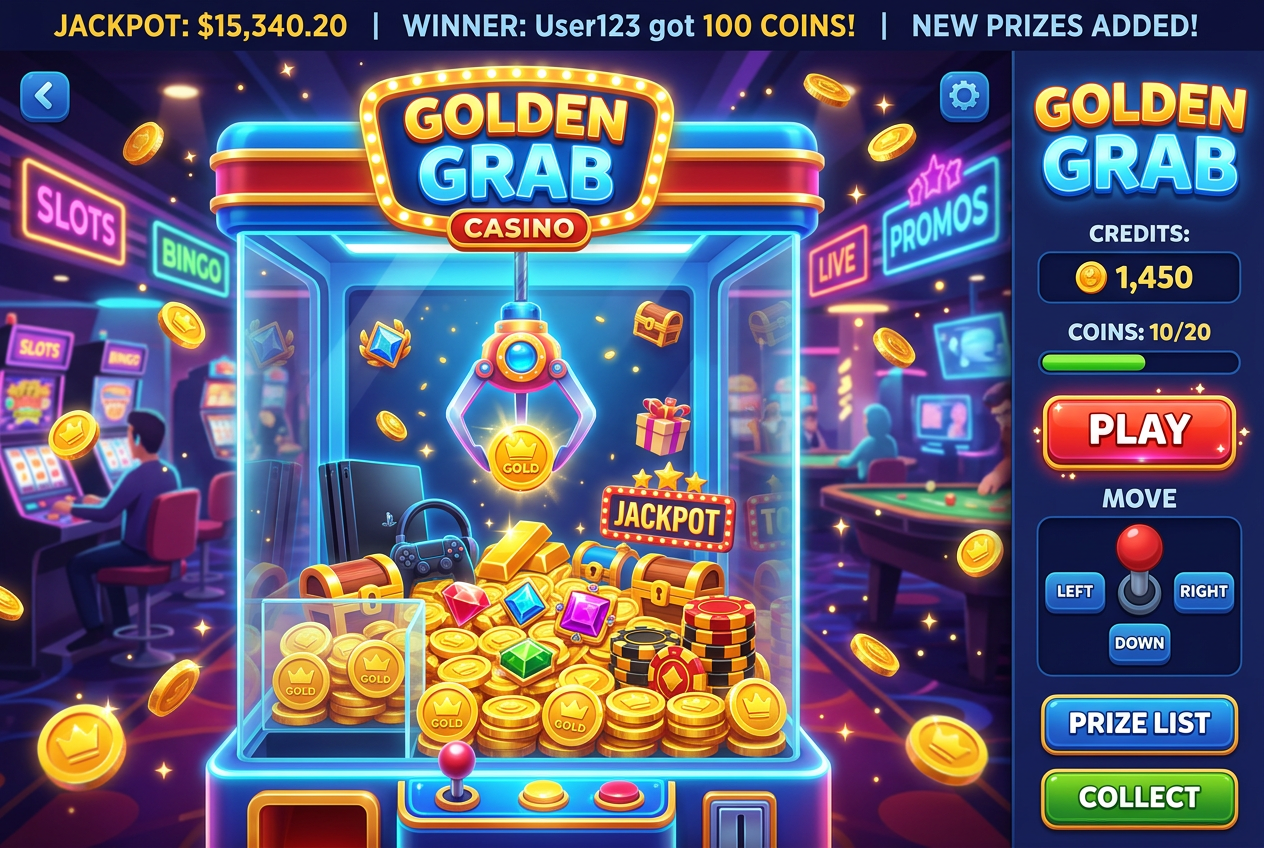 Trójwymiarowy interfejs gry cyfrowej z dźwigiem Bonus Crab w kasynie online