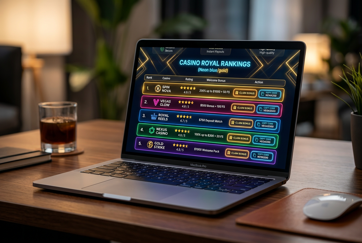 Laptop displaying modern casino ranking table with golden accents