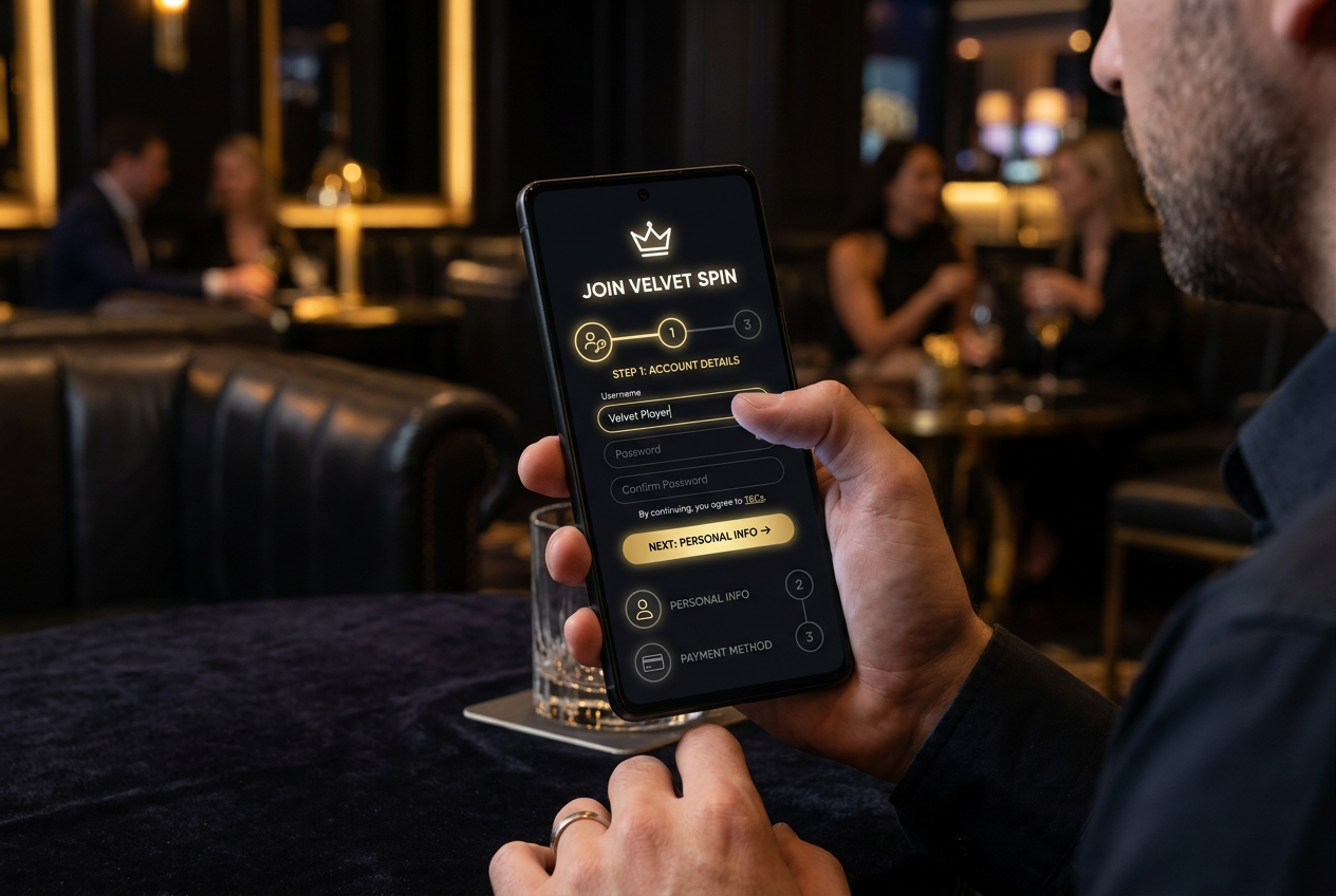 Smartphone showing a modern casino registration process interface with step by step guide icons and dark luxury background