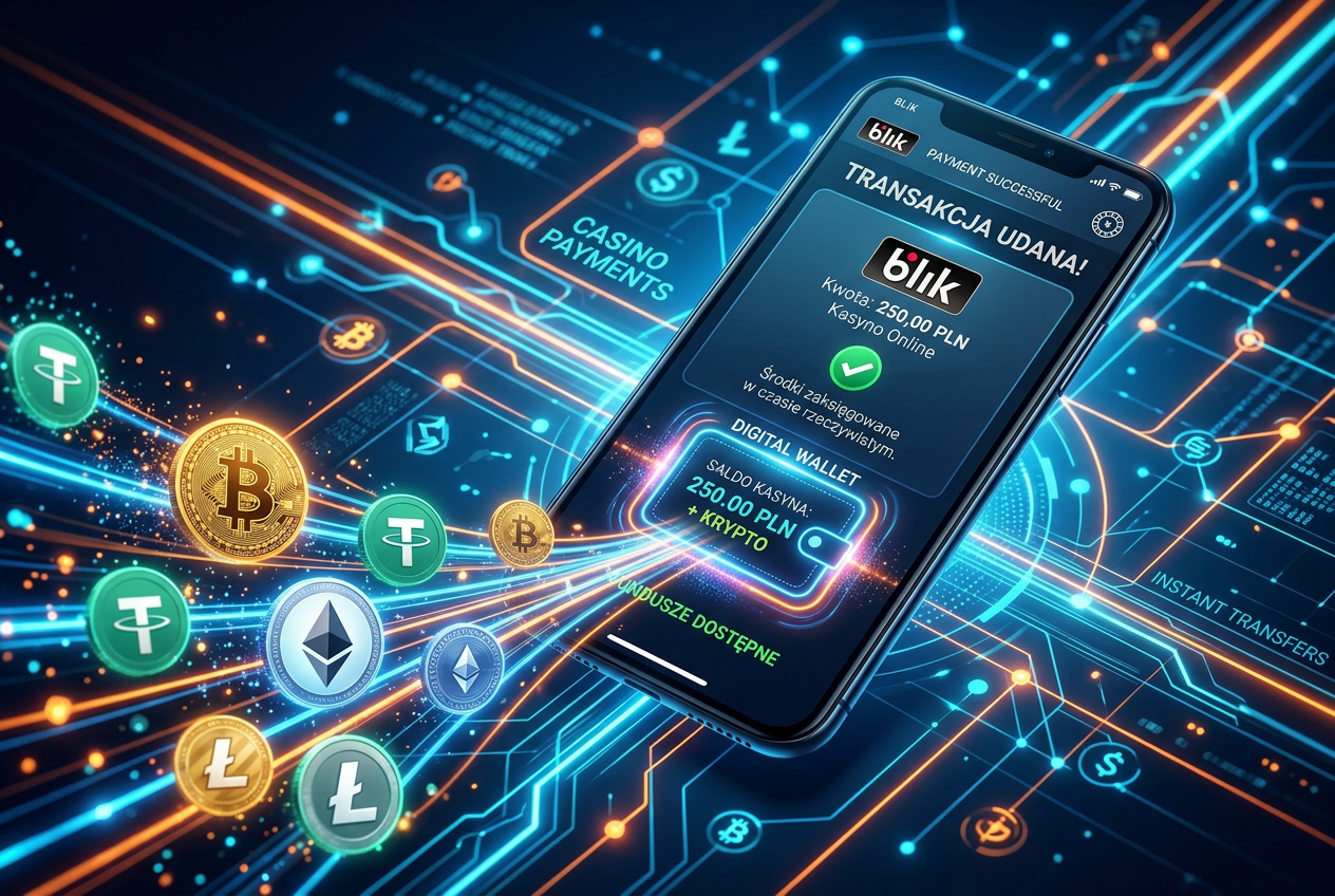 Cyfrowa wizualizacja szybkich płatności BLIK i kryptowalut w kasynie online