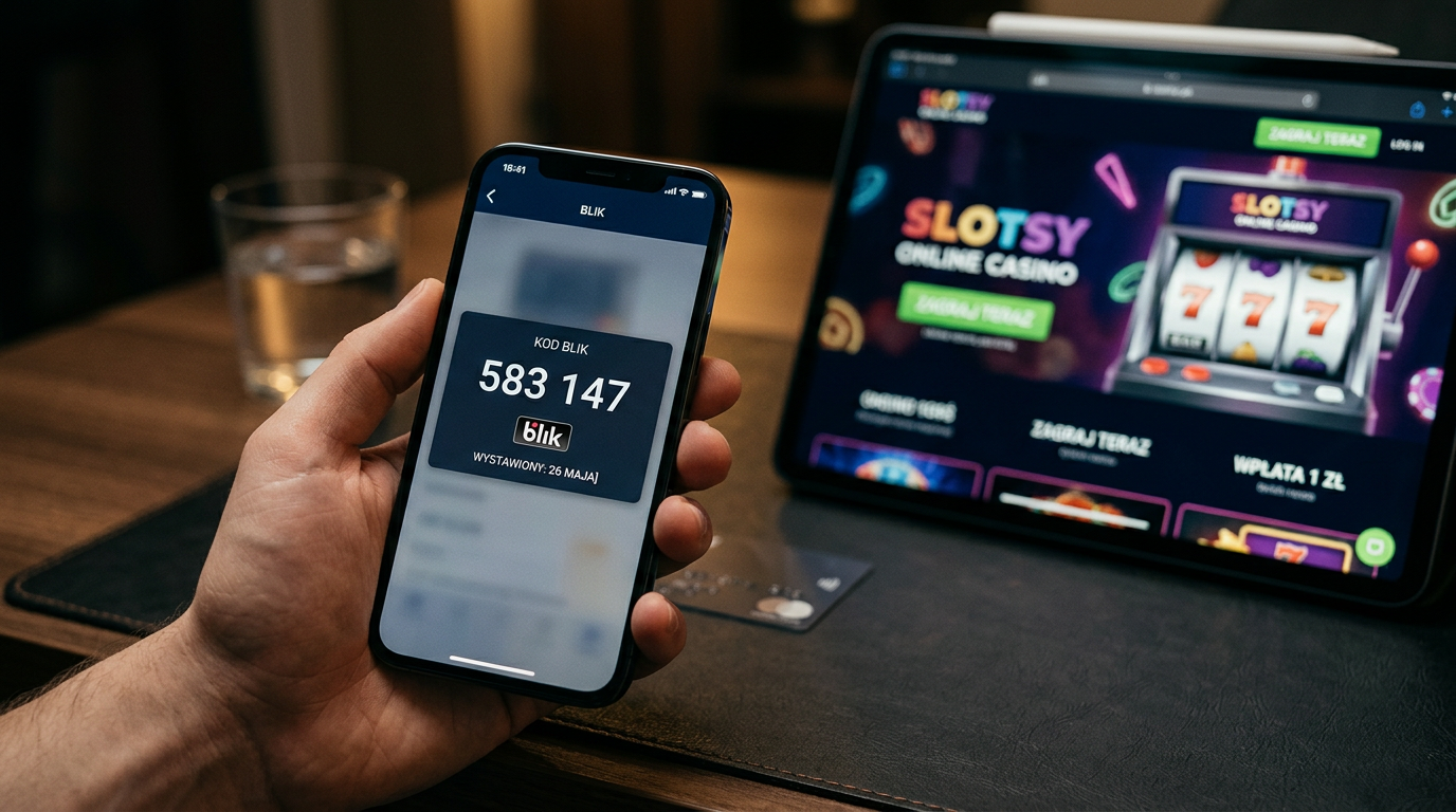 Kod BLIK na ekranie telefonu na tle kasyna online