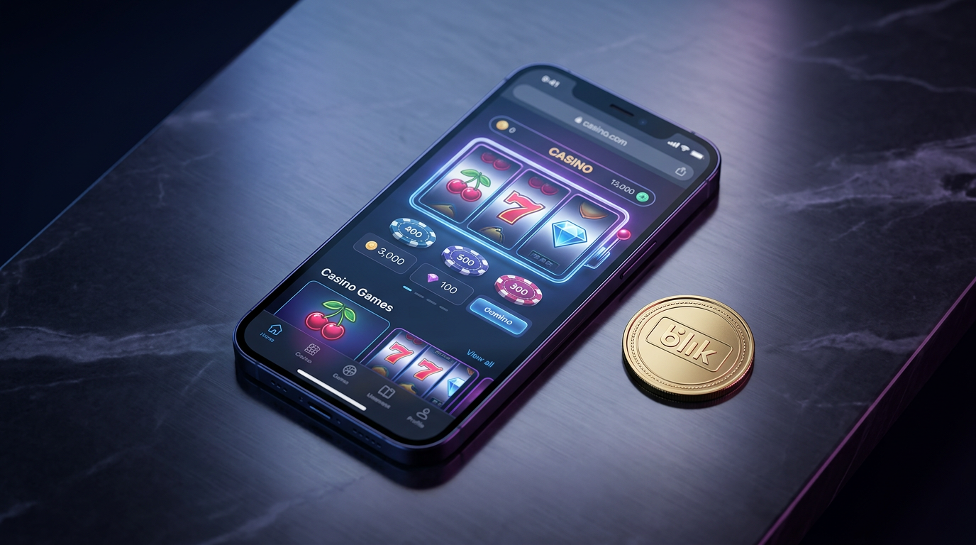 Smartfon z aplikacją kasynową i monetą z logo BLIK na ciemnym blacie.