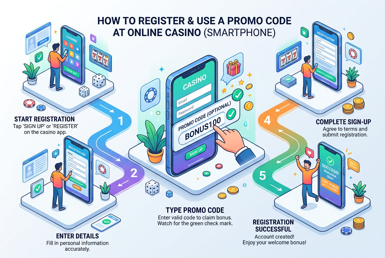 Mobile registration form with promo code field and confirmation checkmark