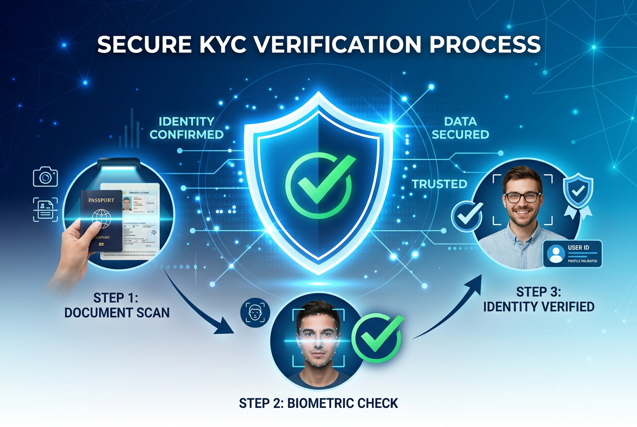 Ilustracja procesu weryfikacji KYC z bezpiecznym skanowaniem dokumentów i biometrią