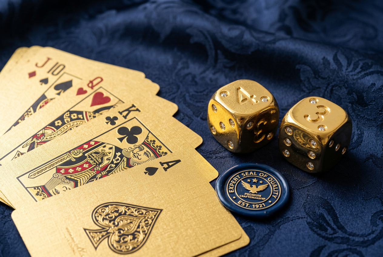 Luxury gold dice and poker cards with MiniMo expert seal of quality badge on dark blue background