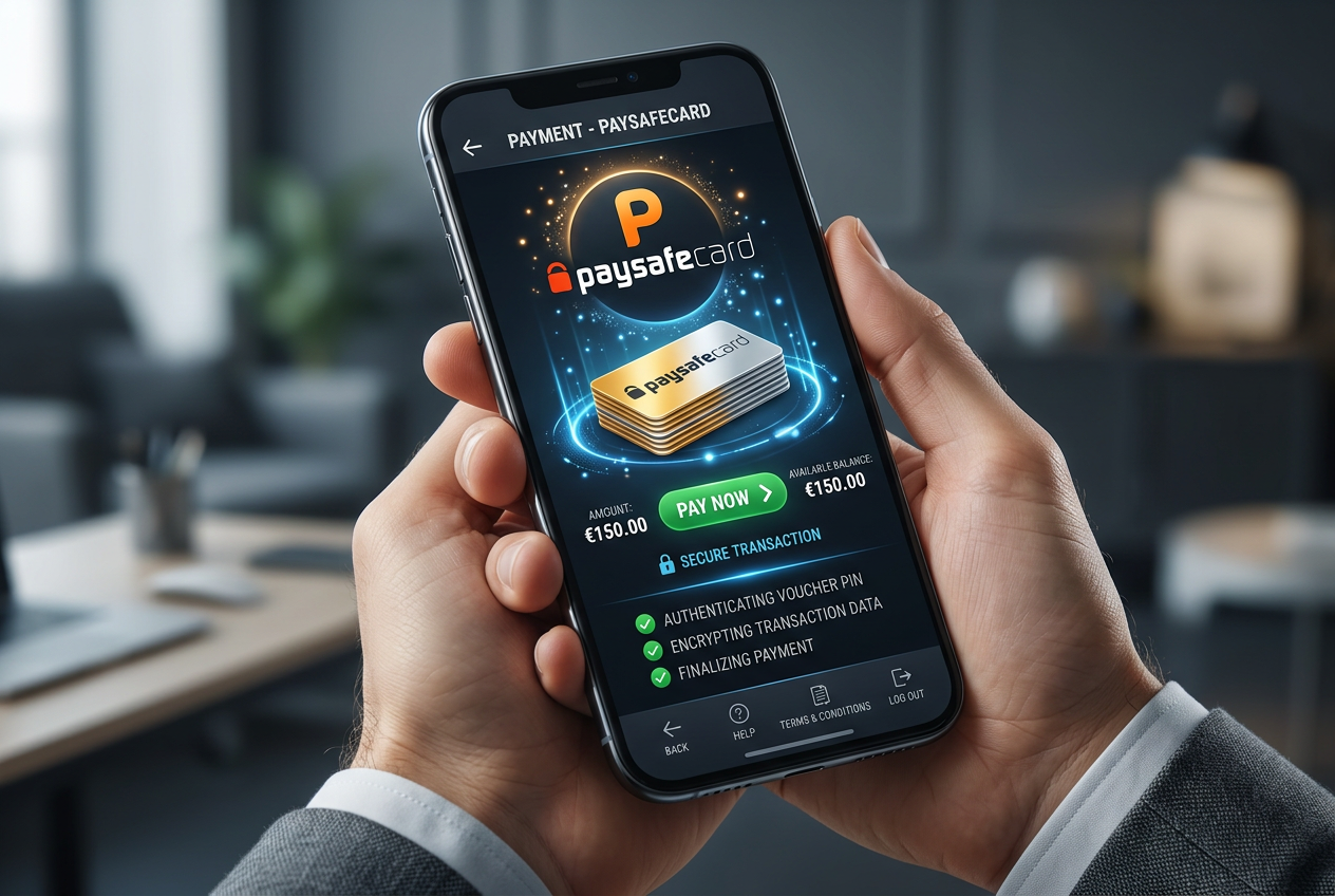 Interfejs płatności mobilnej w kasynie z logiem Paysafecard