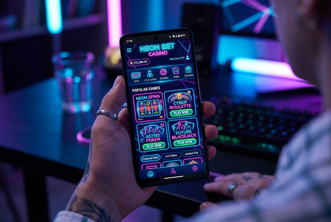 Nowoczesny interfejs kasyna online wyświetlany na smartfonie z neonowymi ikonami gier
