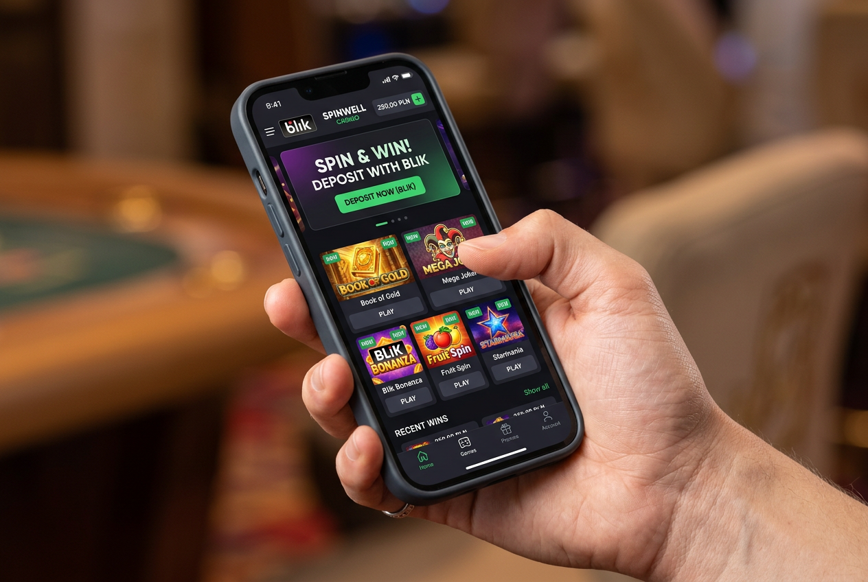 Nowoczesny interfejs mobilny kasyna NV Casino z widocznym logotypem BLIK