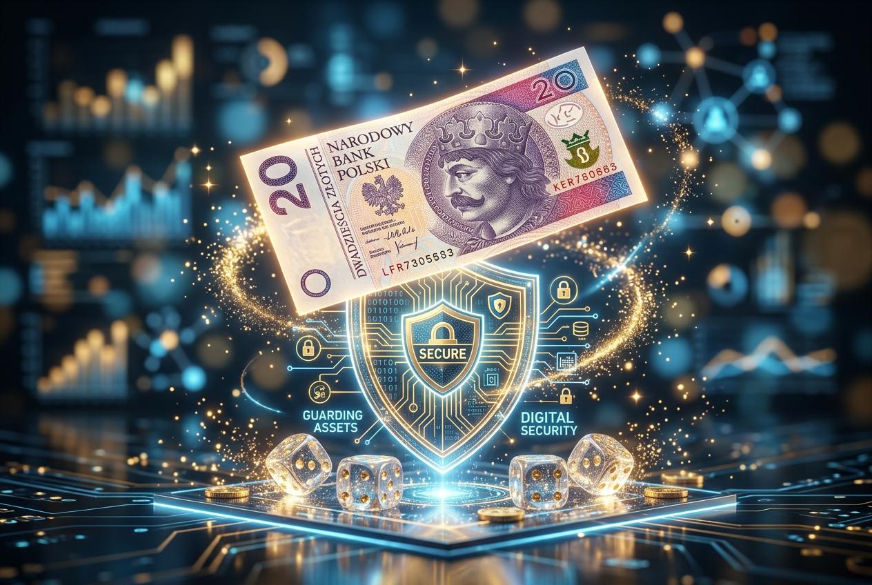 Abstrakcyjna wizualizacja zabezpieczonej transakcji finansowej w kasynie