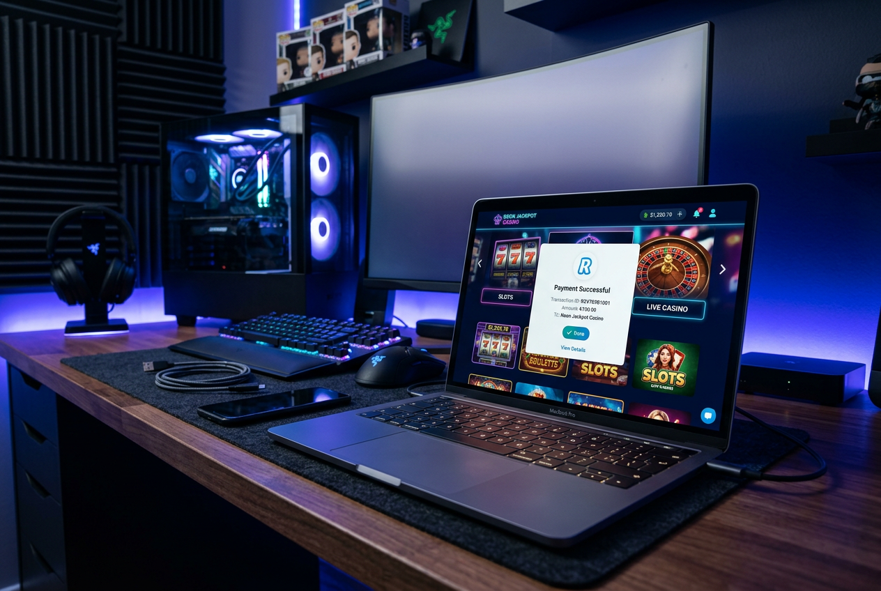 Nowoczesny interfejs kasyna online z widoczną płatnością Revolut na ekranie laptopa